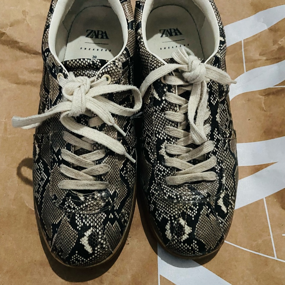 Zara Beige and Black Snake Print Sneakers